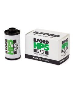 ILFORD HP5 Plus black and white film cassette and carton