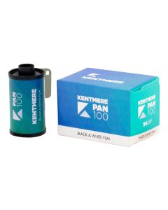 Images shows Kentmer 100 35mm film cassette next to the carton