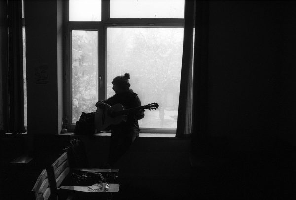 b&w fim shot of Playing-guitar
