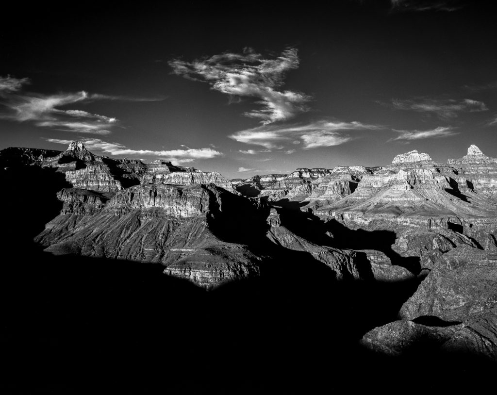 The Grand Canyon at Plateau Point shot on ILFORD 4x5 FP4+ black and white film