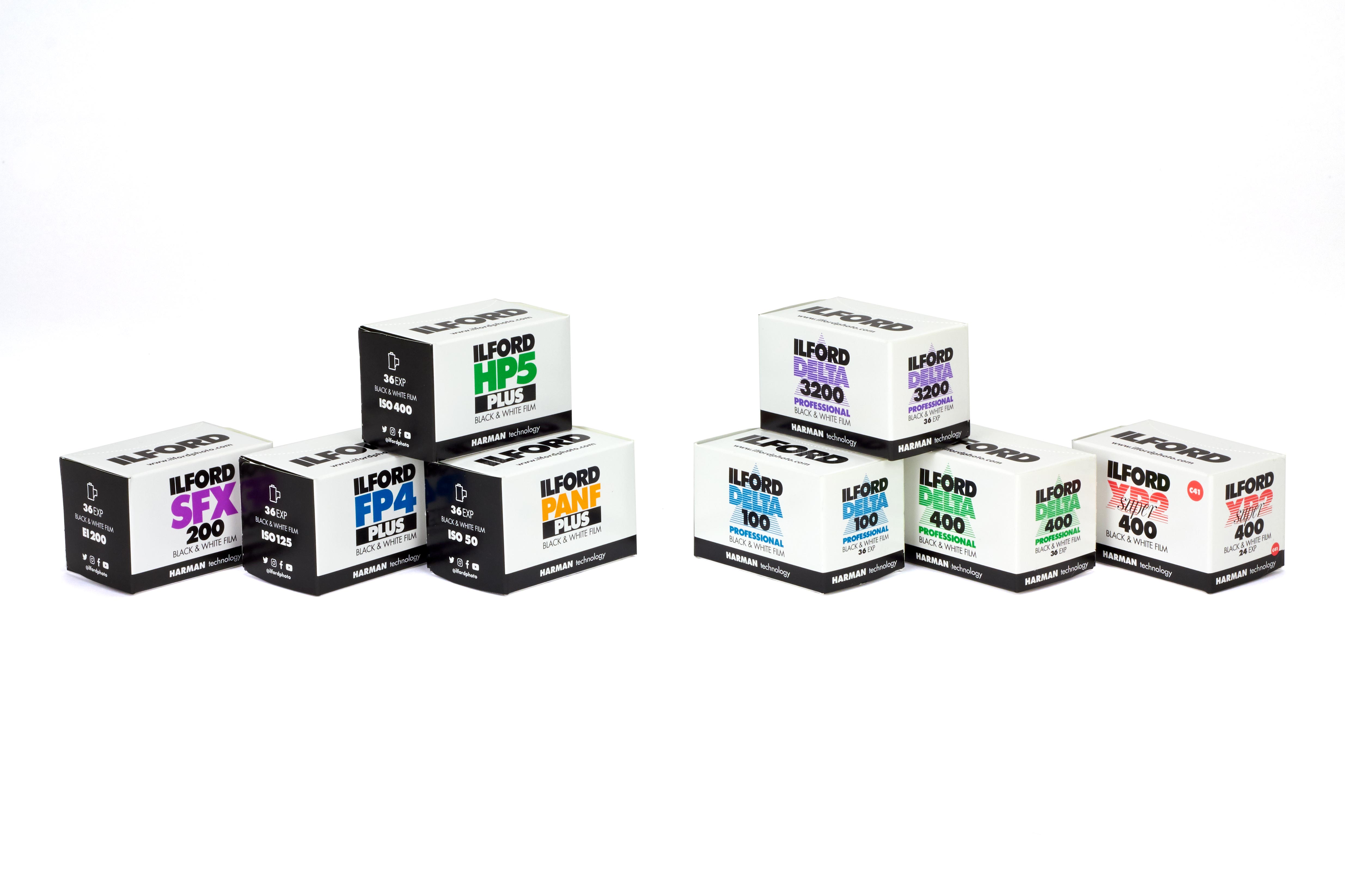 Pack shot of ILFORD PHoto black and white 35mm films in new packaging