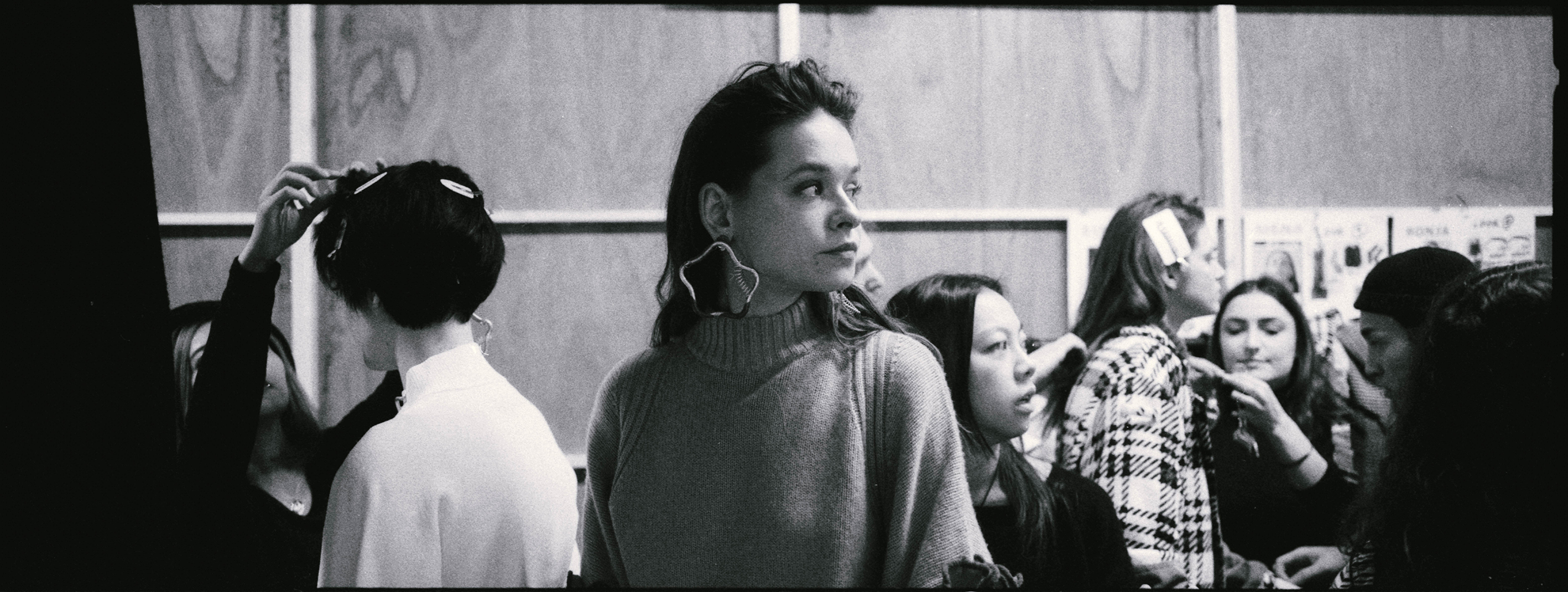 Backstage image from London Fashion week shot by Simon King on black and white ilford DELTA 3200 film