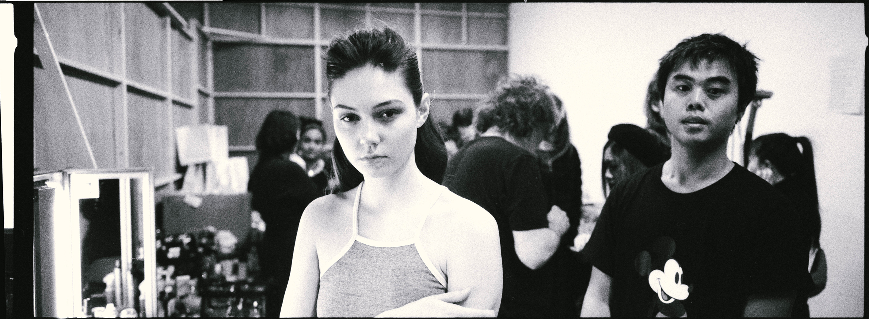 Backstage image from London Fashion week shot by Simon King on black and white ilford DELTA 3200 film
