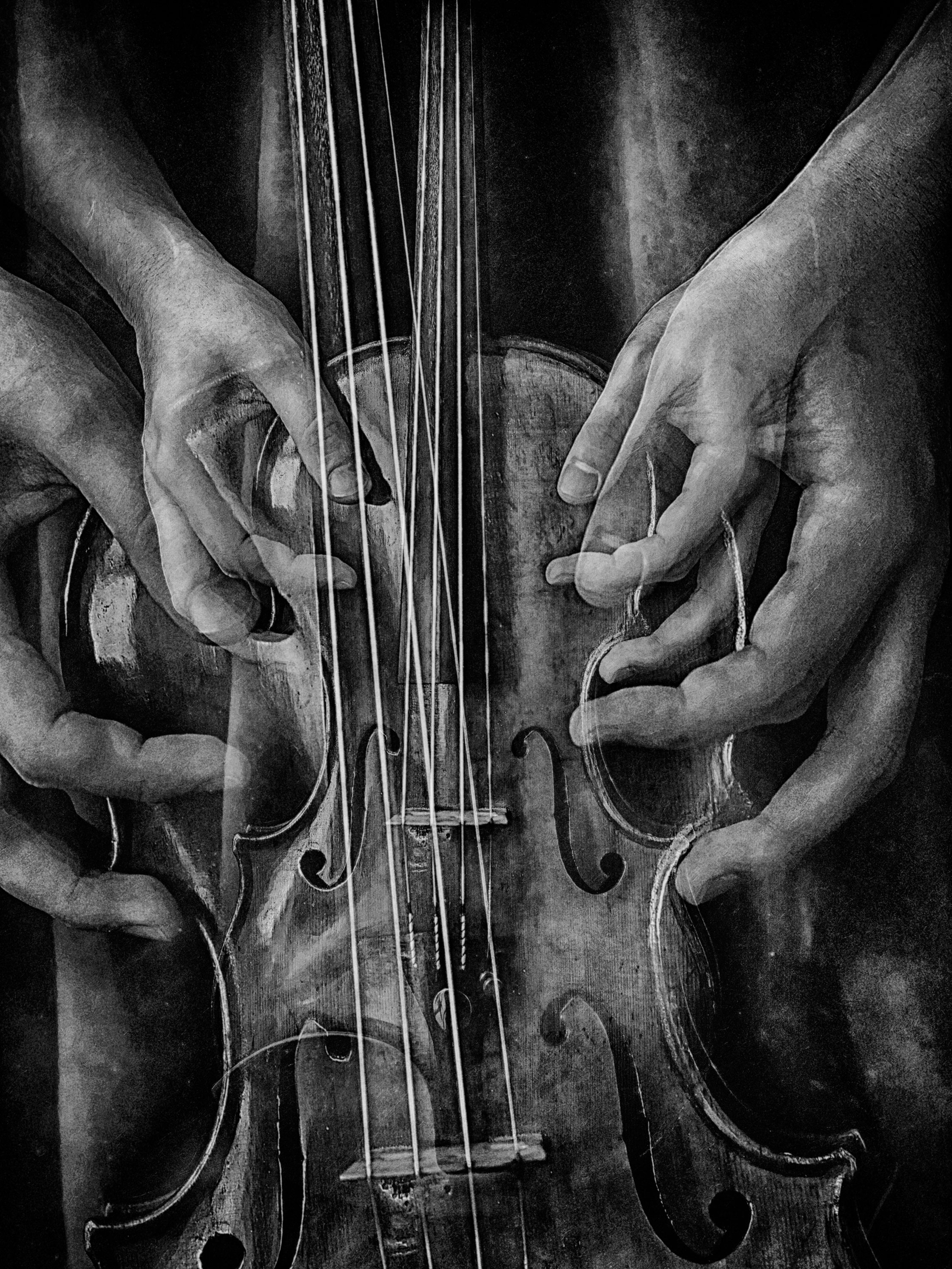 Multi exposure black and white image of Violin shot by Anna Chobotva on Ilford photo film