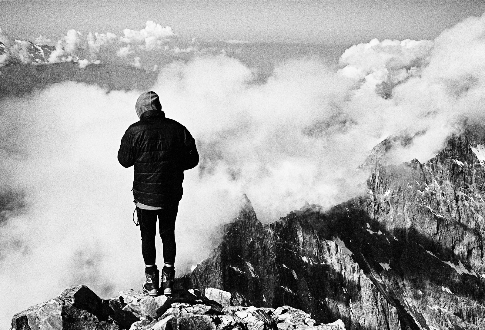 Ushba (4710m) High Camp. Georgia, Caucasus, 2012. Leica M7, Zeiss ZM Planar ZM 2/50, Heliopan yellow filter and Ilford Delta 100 (in FX-39). Flextight X1 scan. Climber: Tato Nadiradze