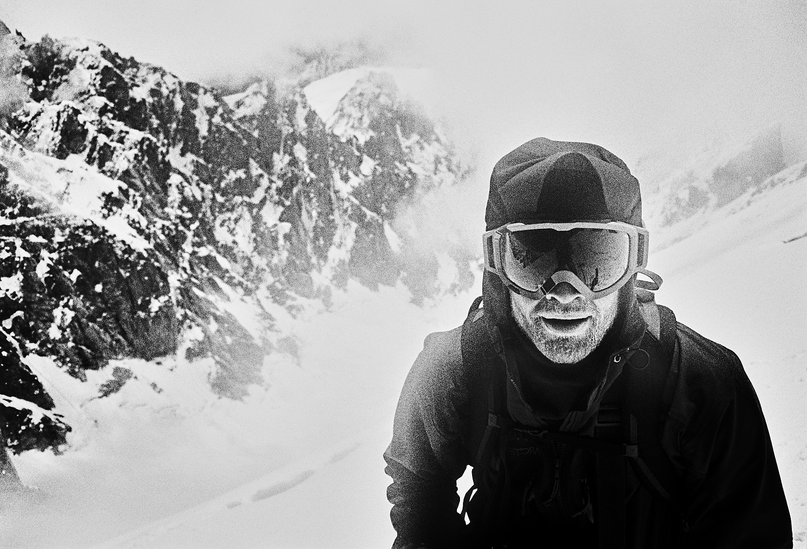 2013, Georgia. Mountain Portrait of Trevor Hunt, Canadian Steep Skiing legend. Chatyn-Tau (4310m) Summit, May 2013. Contax T3, Heliopan yellow filter and Ilford FP4+ (in ID-11 stock). Flextight X1 scan.