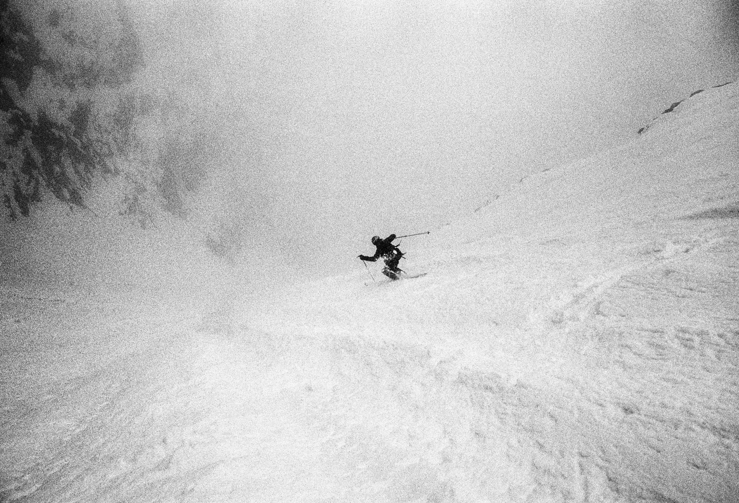 Trevor Hunt during the first ski descent of the Chatyn-Tau SE couloir. Contax T3, Heliopan yellow filter and Ilford FP4+ (in ID-11). Flextight X1 scan.