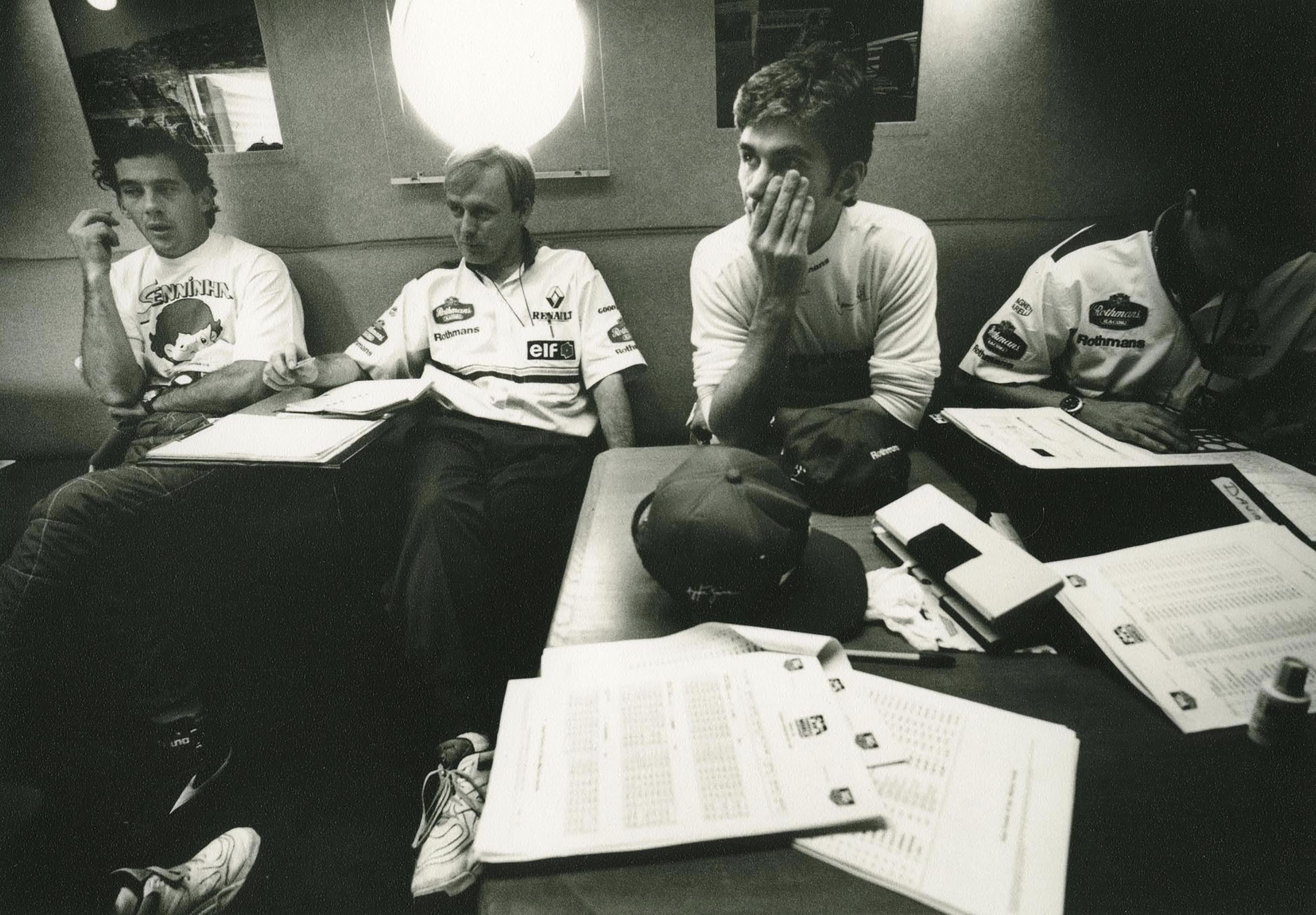 Black and white film image Damon and Ayrton two hours before Ayrton was killed. Imola GP 1994.