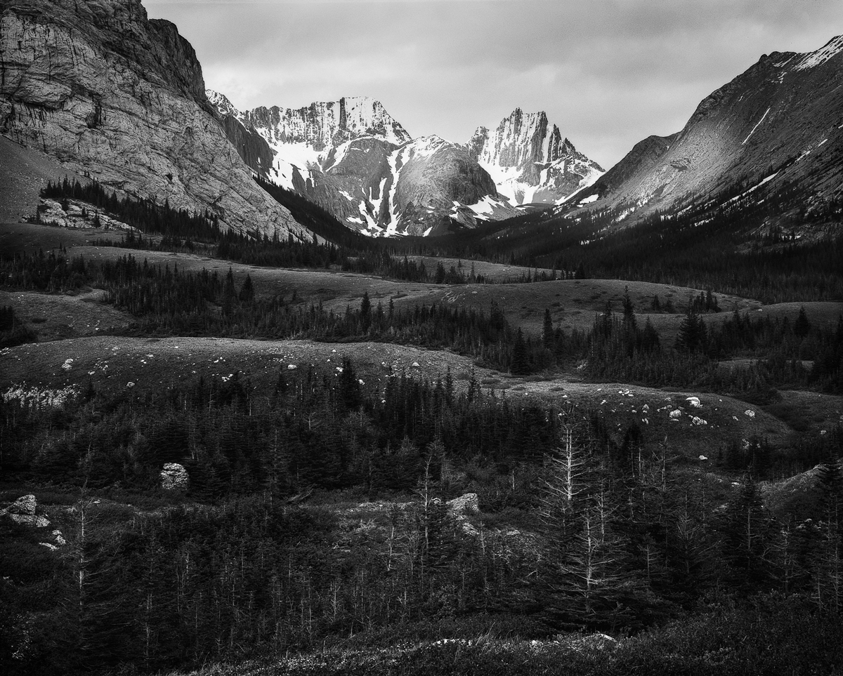 lack and white landscape image of mountains shot on large format FP4+ film by Jeremy Calow