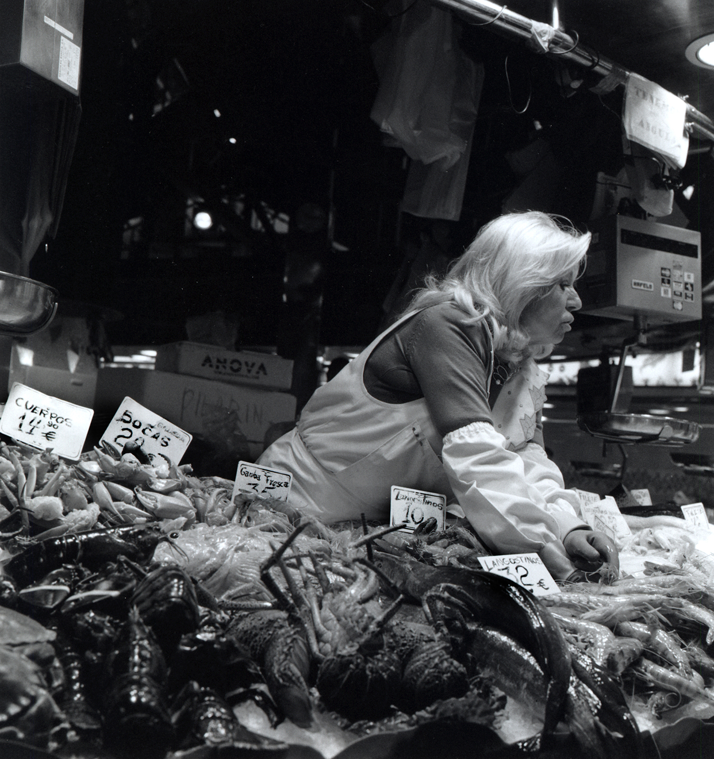 Lady serving in la boqueria fish market, Barcelona, Spain shot on ILFORD black and white film by Keith Moss