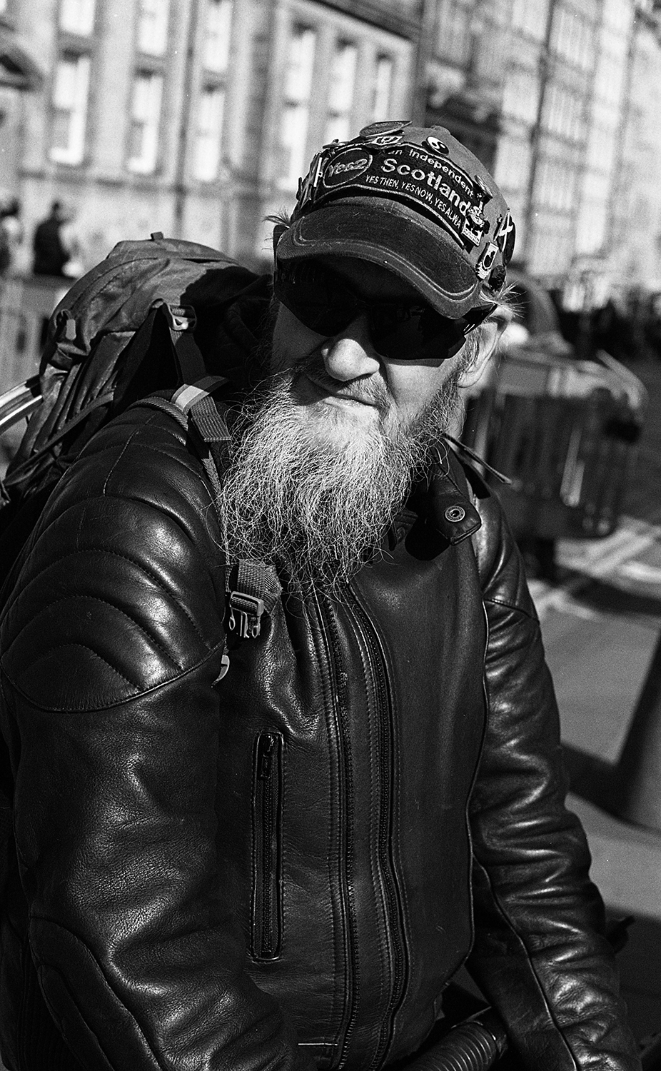 portrait of homeles man in Edinburgh shot on ILFORD black and white film by Keith Moss