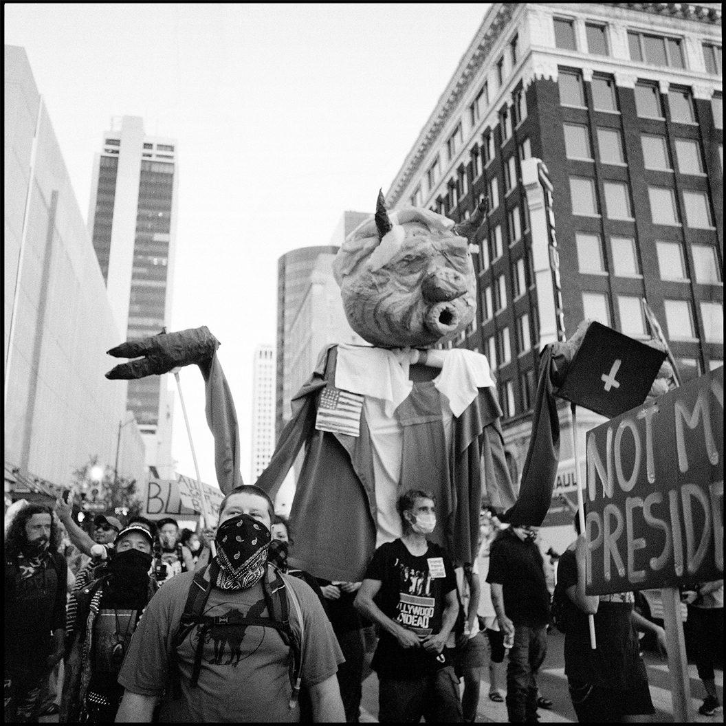 Protestors march outside of Donald Trump’s rally. Tulsa, OK. Ilford Delta 400.