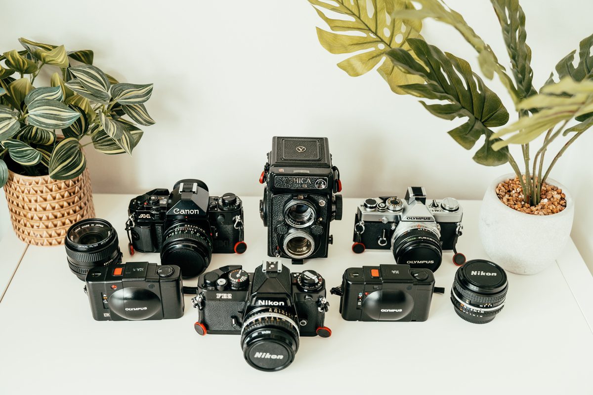 Some of my current collection. L-R – Olympus XA3, Canon A1, Nikon FE2, Yashica Mat 124G, Olympus XA and Olympus OM1n.