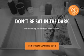 Banner showing darkroom prints - with the slogan 'Don't be Sat in the dark' Clicking on this banner takes the reader through to our student and lecturer hub