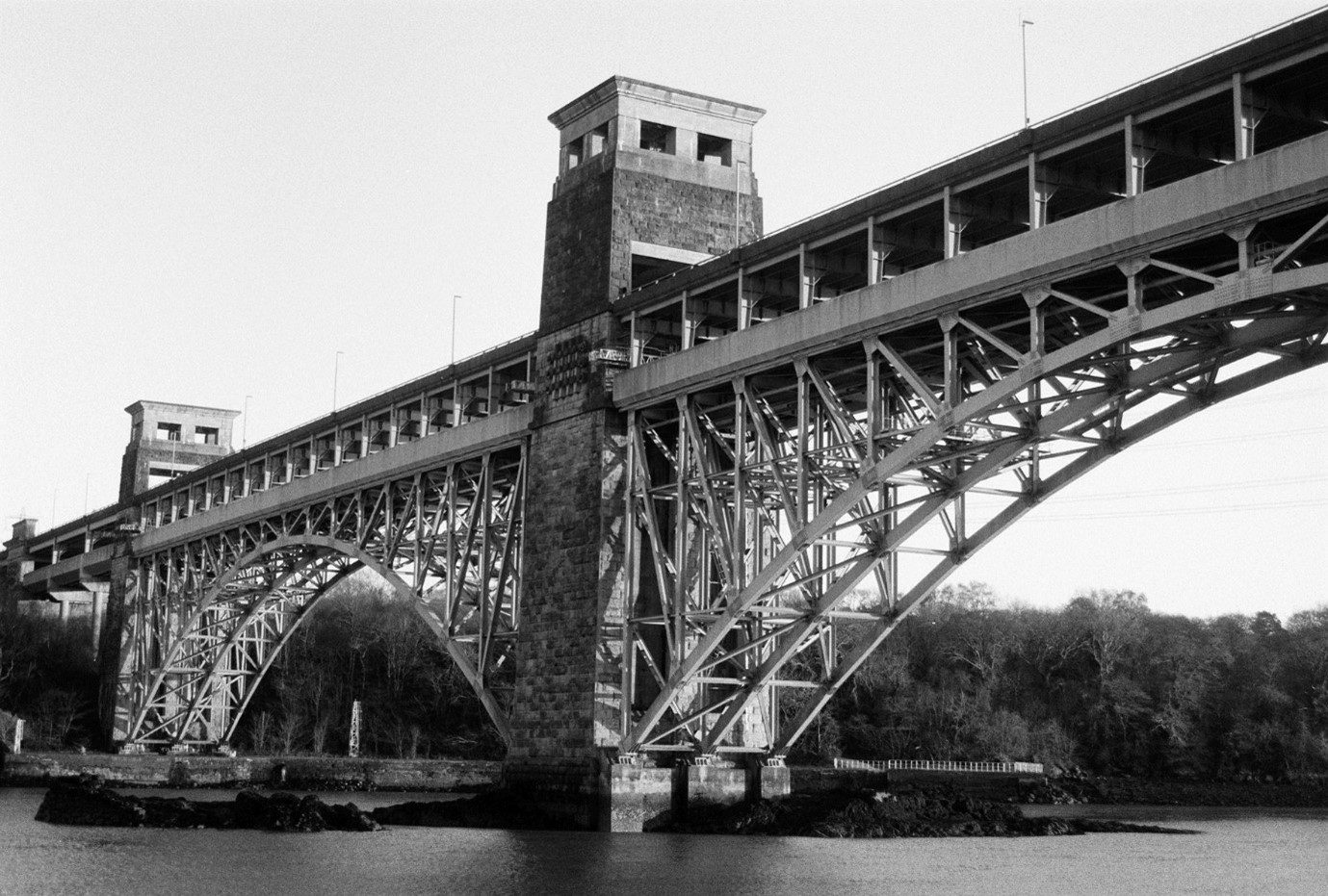 Pont Britannia over the Menai Straits between Anglesey and mainland Wales. Shot on FP4