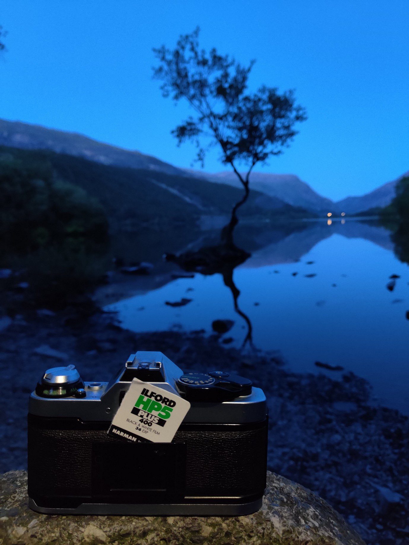 The back of the Canon AE-1 camera at the edge of Padarn lake, Llanberis. With the lonely tree in the background. Shot on a OnePlus 7T.