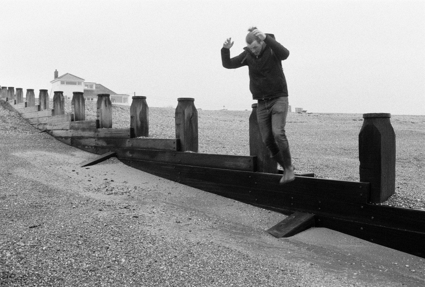 My boyfriend James on camber sands beach, shot on FP4.