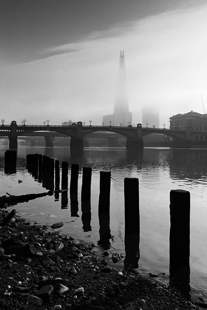 River Thames towards The Shard, London. Taken on Canon EOS 3, Ilford PanF+ EI50 developed Ilfotec HC 1+31.