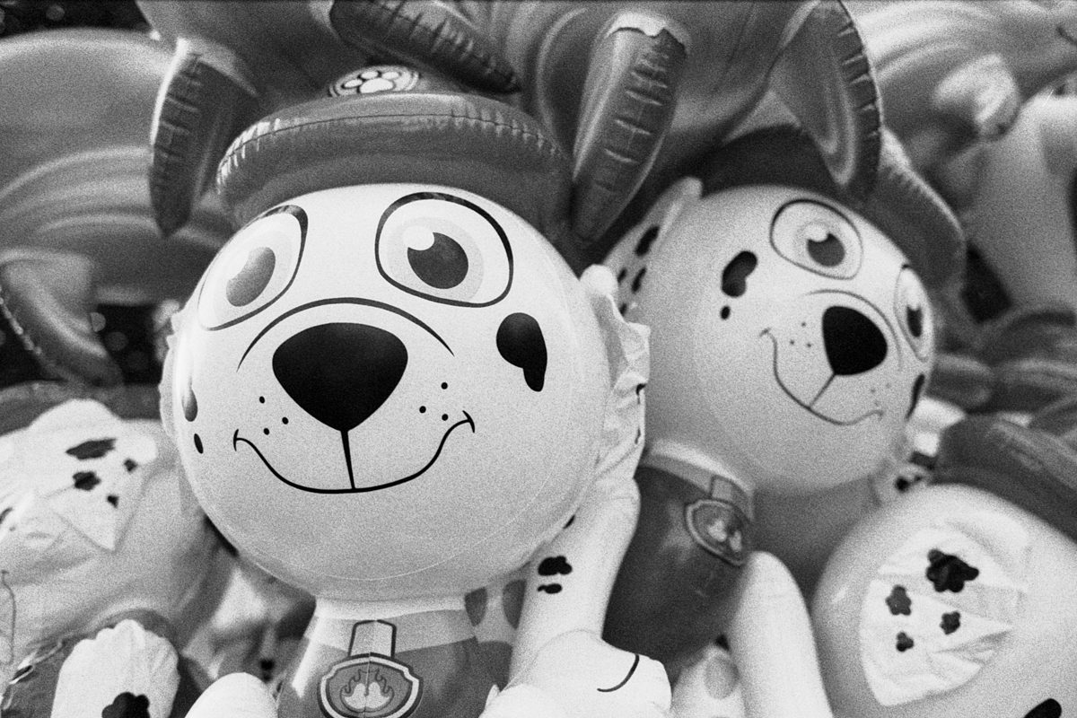 Black and white photograph of cartoon dog balloons