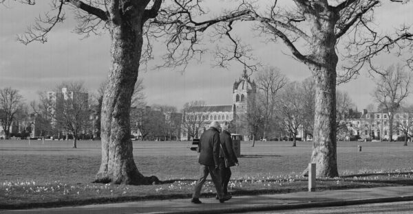 Black and white analogue photograph of an old couple walking through a park on a sunny day