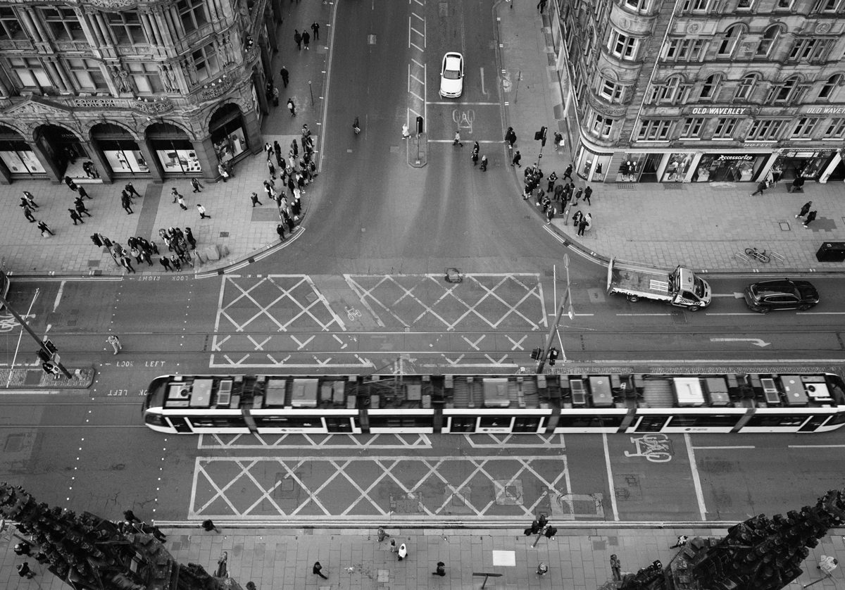 Looking down from a high building onto the street