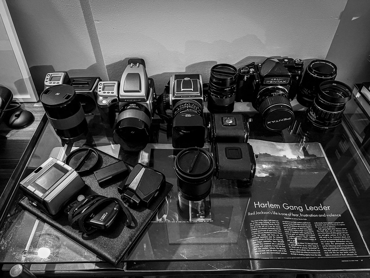 Black and white photo of camera equipment