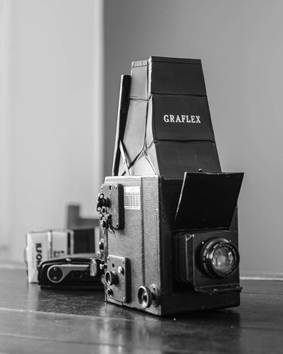 Black and white photo of a camera
