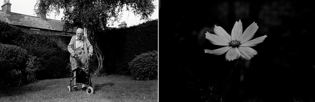 Two balc and white photos of an elderly man and a flower