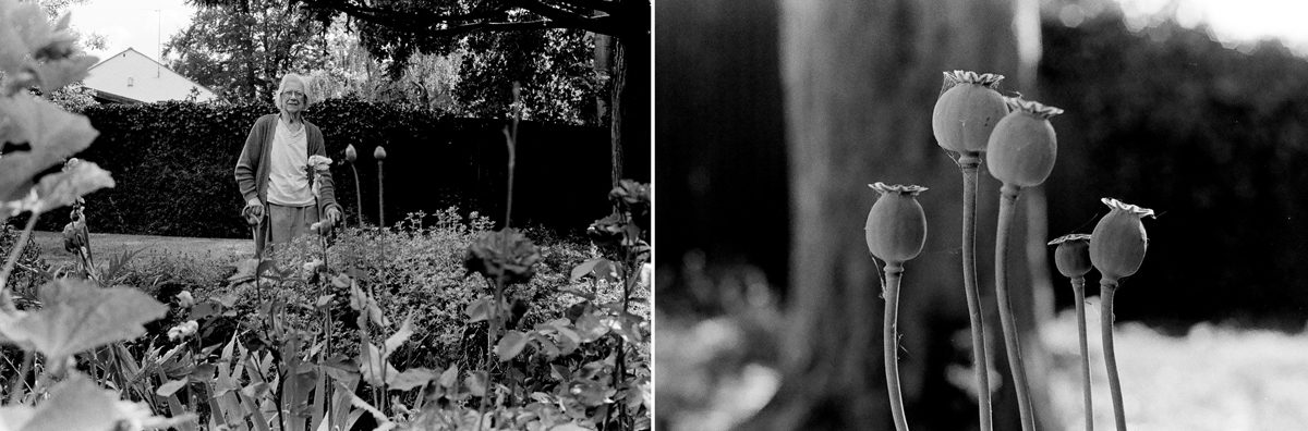 Black and white photo of a plant and an elderly lady