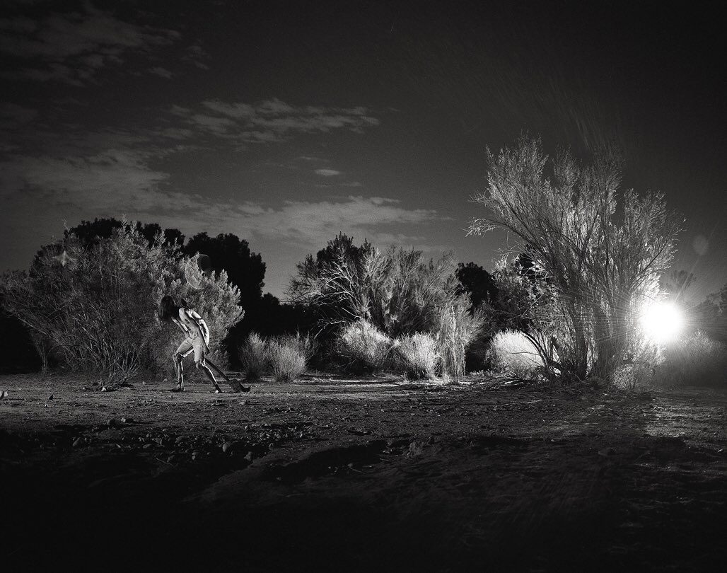 Harsh contrast black and white landscape at night