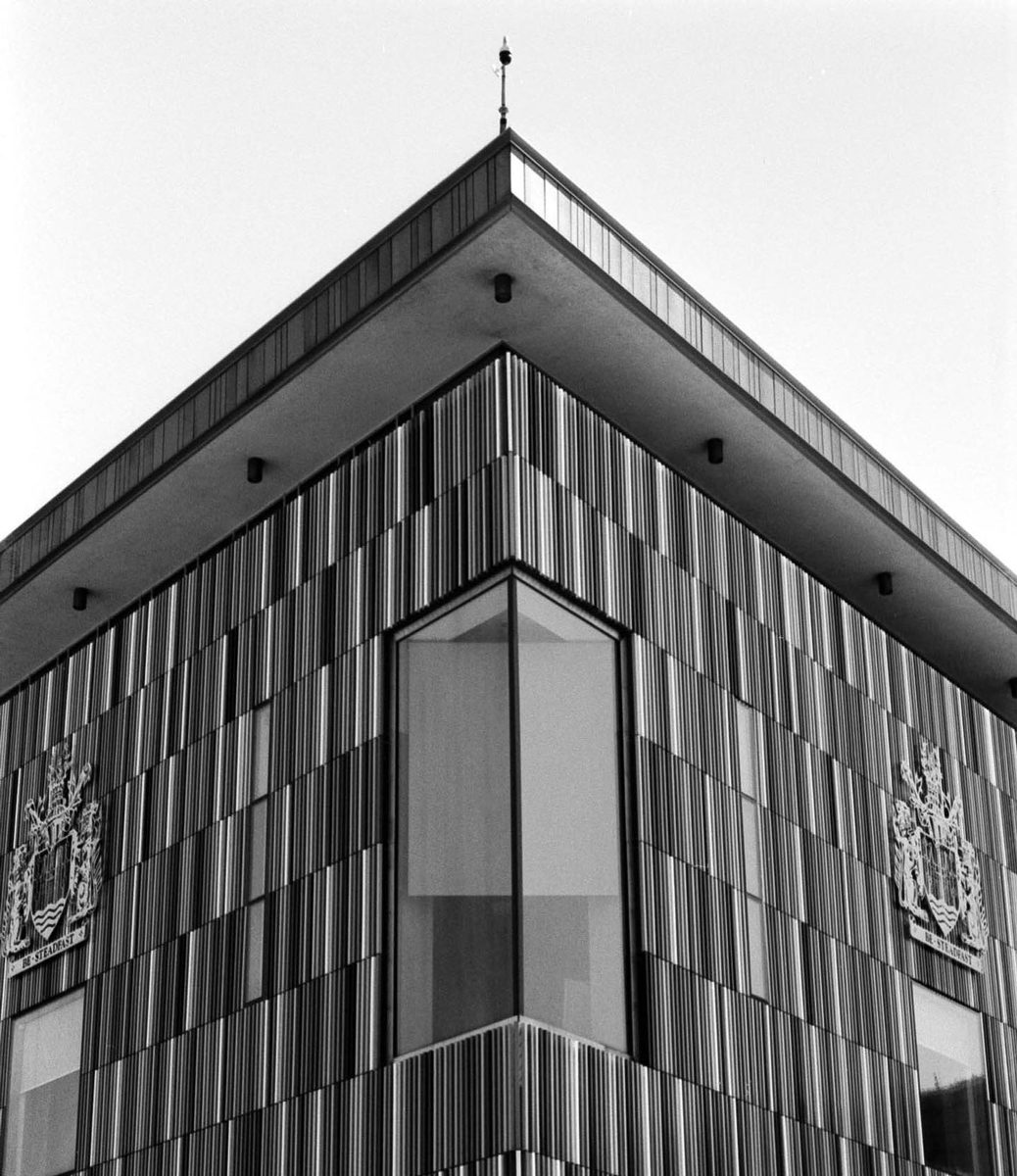 Black and white photo of a building