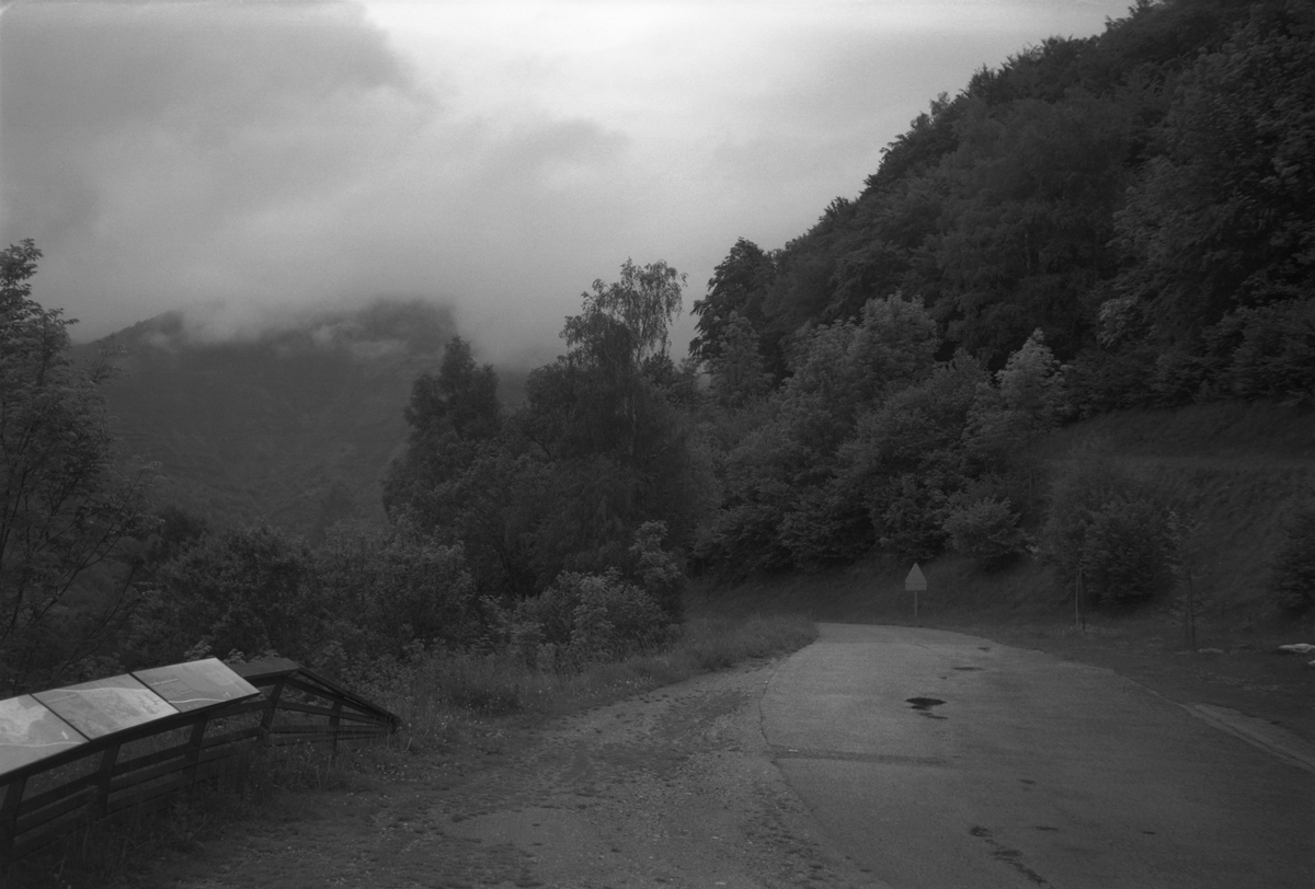 Black and white photo of landscape with misty surroundings