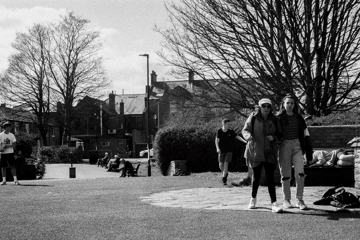 Two people walking through a park