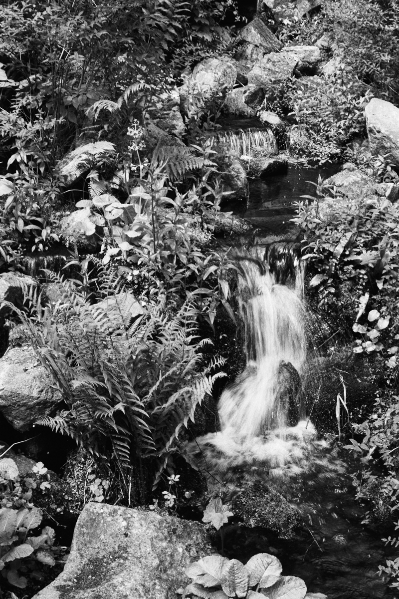Black and white image of a small waterfull