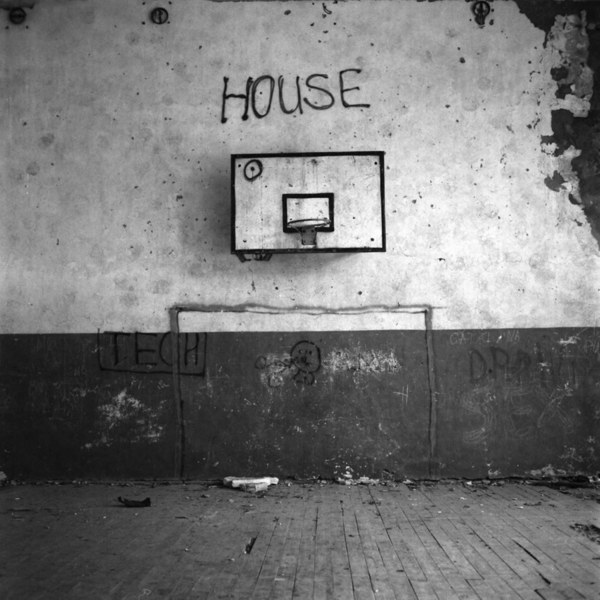Black and white shot of an abandoned school