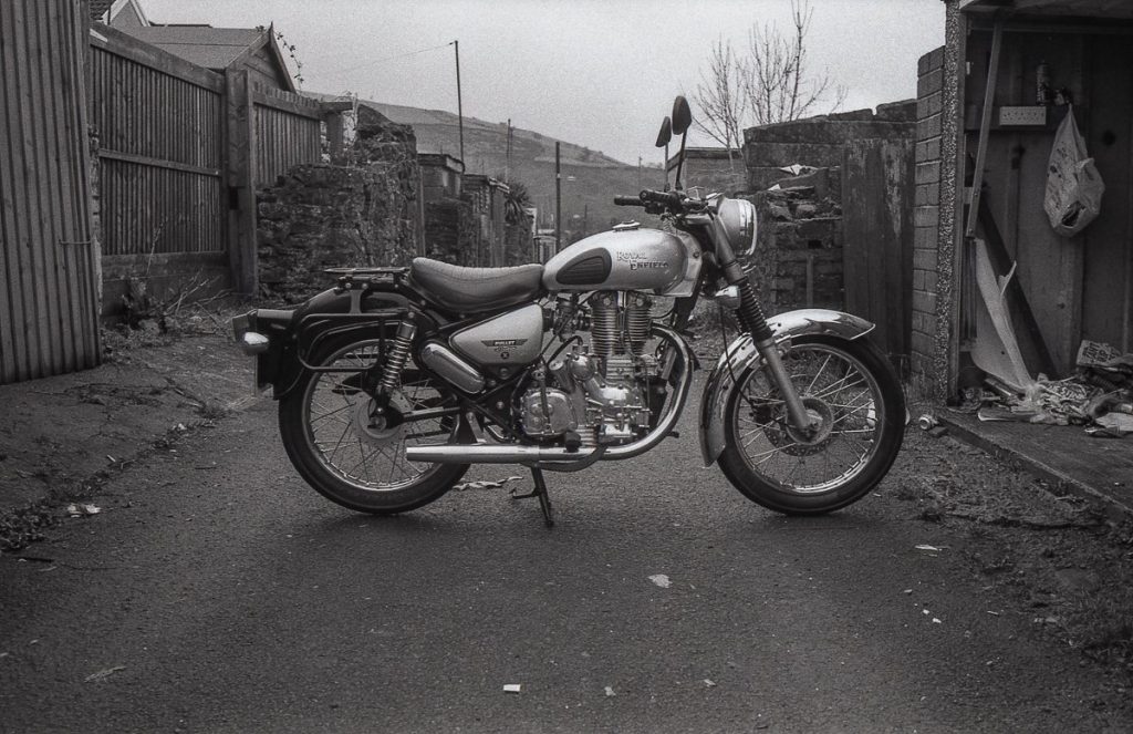 Black and white picture of a motorbike