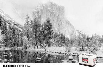 Hero banner advertising ILFORD Ortho PLUS film using image of a lake in snow shot by Trev Lee