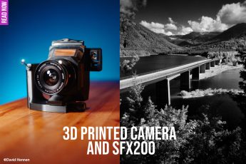 Her banner showing a 3d printed camera made by David Hennen on one side and an black and white images shot by him on ILFORD SFX 200 film on the other side