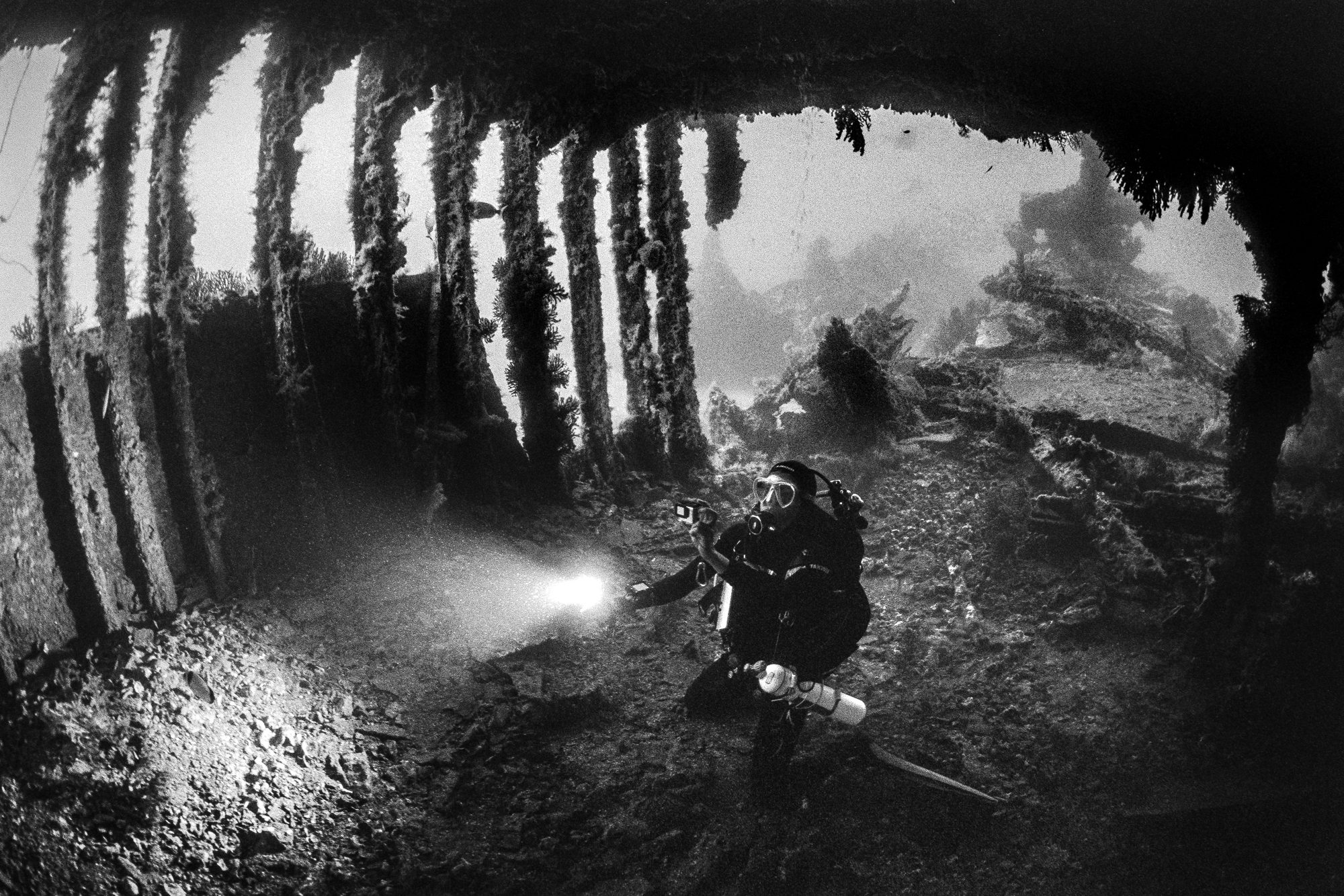Swallowed by the beast (-48m) - Donator wreck, Port-Cros National Park.Nikonos RS with 13 mm lens, Ilford Delta 400 (pushed 1 stop). 
