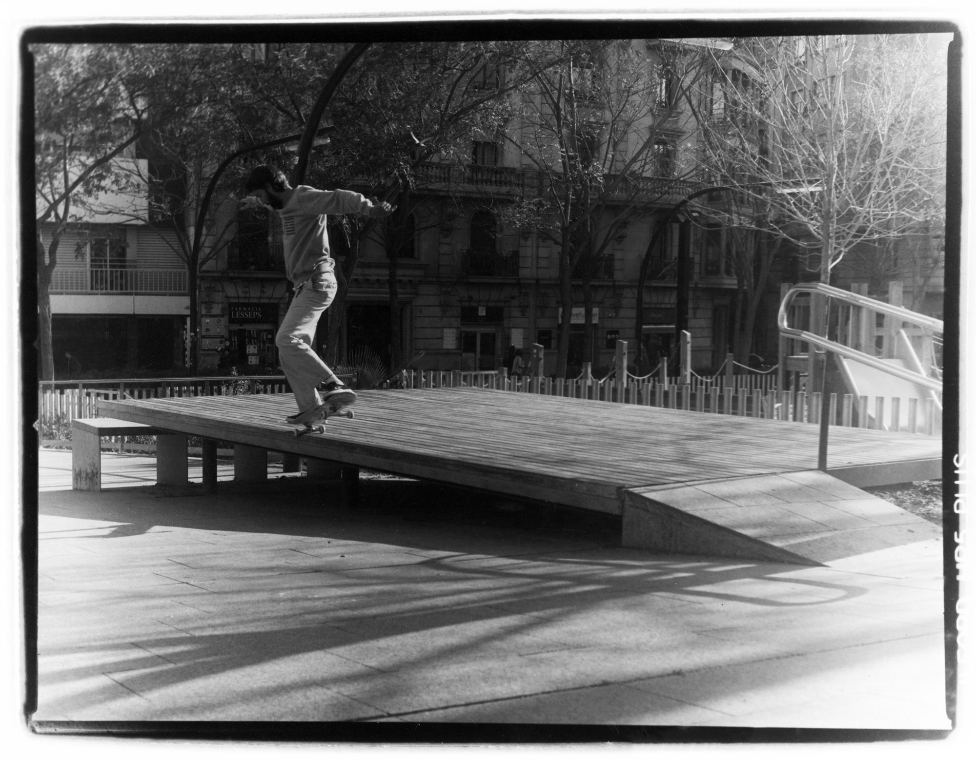 Octavio-Barrera-Backside-Nosegrind-Barcelona. Shot by Rafael Gonzles on ILFORD HP5 PLUS for Skate Thru the city