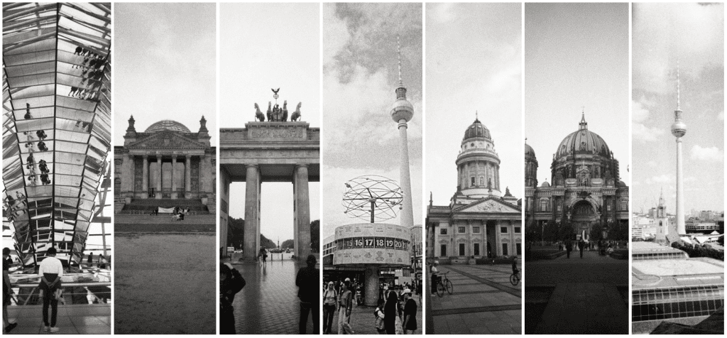 collaged the Reichstag, Brandenburg Gate, Spire, Gendarmenmarkt and Cathedral